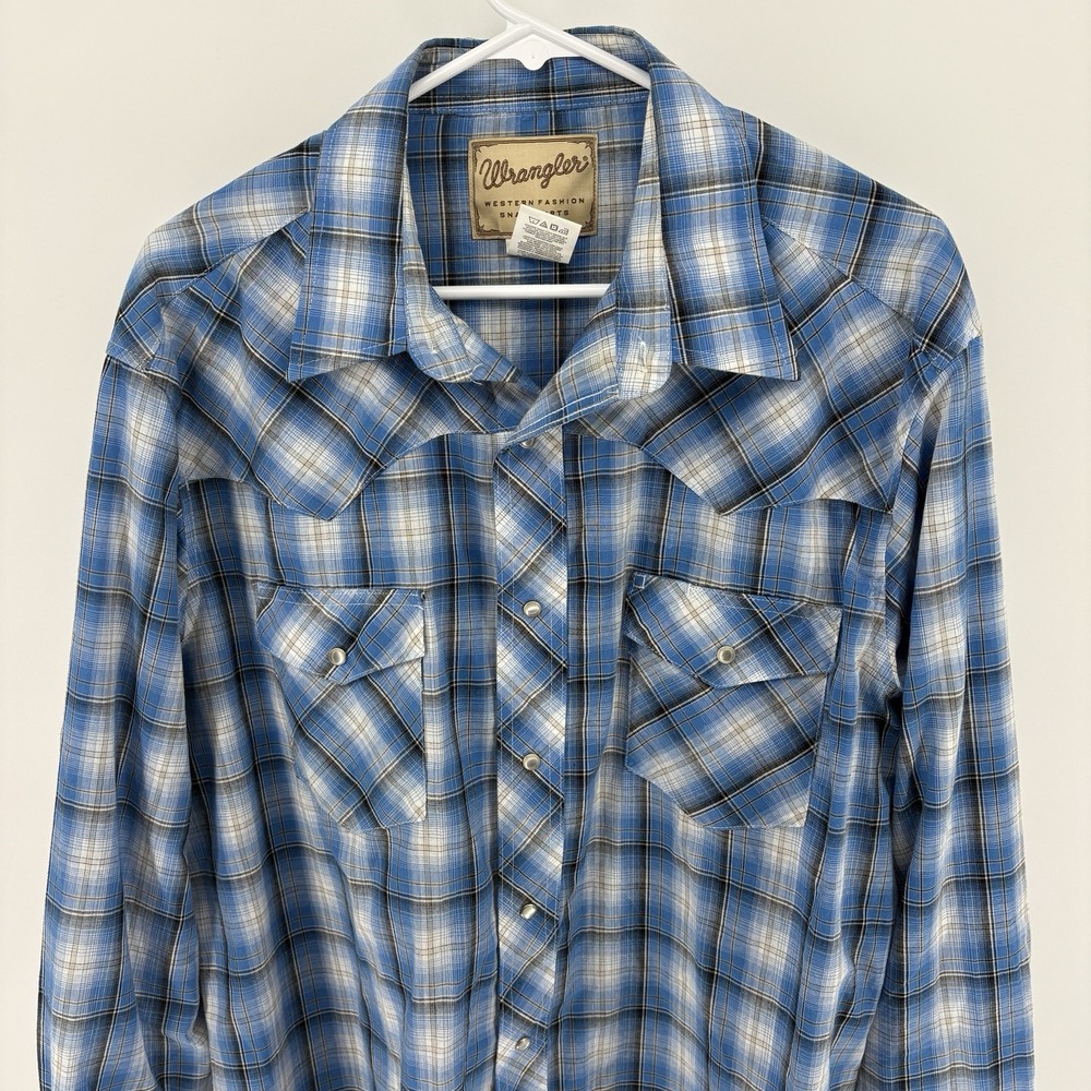 Wrangler Plaid Pearl Snap Flannel Shirt Mens XL Blue Cowboy Western Rodeo